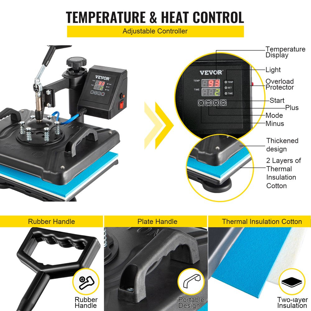 VEVOR 5 in 1 Digital Heat Press Machine for T-Shirts, Hats, Mugs, Plates - 360Â° Rotation, 1050W, Insulated, Complete Kit