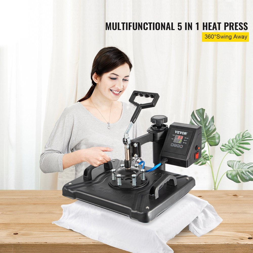 VEVOR 5 in 1 Digital Heat Press Machine for T-Shirts, Hats, Mugs, Plates - 360Â° Rotation, 1050W, Insulated, Complete Kit