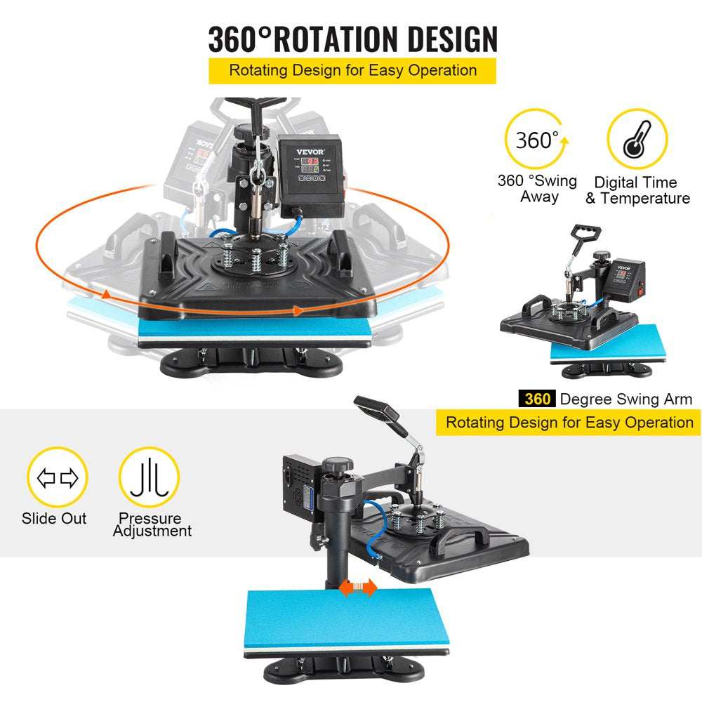 VEVOR 5 in 1 Digital Heat Press Machine for T-Shirts, Hats, Mugs, Plates - 360Â° Rotation, 1050W, Insulated, Complete Kit