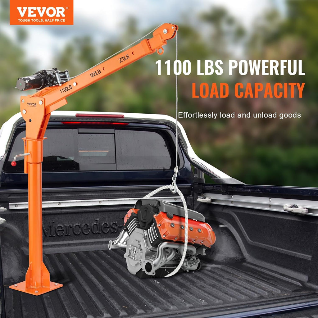 VEVOR Electric Truck Crane 1100 lbs Capacity, 360Â° Swivel, Adjustable Boom, Heavy-Duty Steel, Rust-Resistant, Ideal for Construction & Factory Use