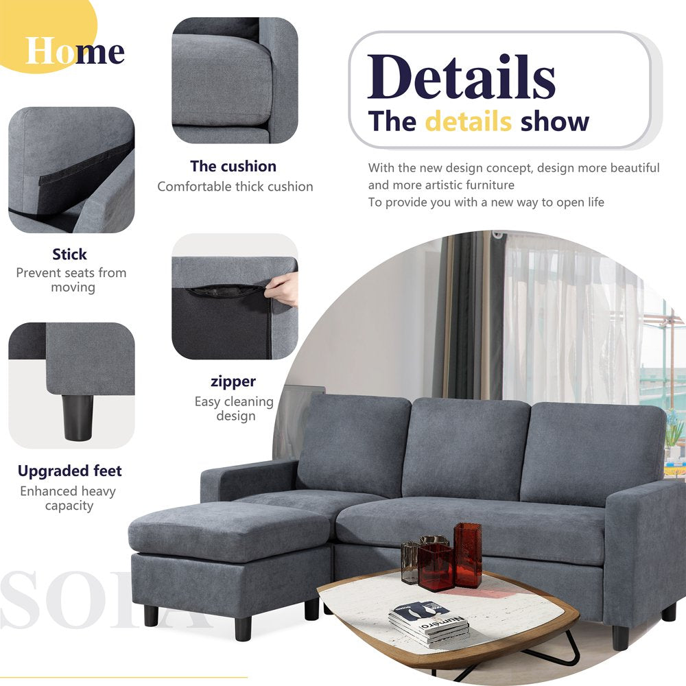 Walsunny Convertible Sectional Sofa, L-Shaped Linen Couch with Reversible Ottoman for Small Spaces