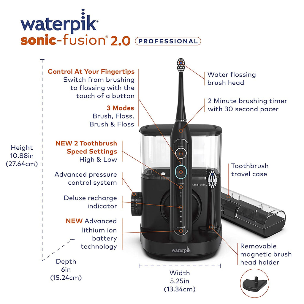 Waterpik Sonic-Fusion 2.0 Professional Electric Toothbrush & Water Flosser Combo, Black, ADA Accepted, 3 Modes, Advanced Battery
