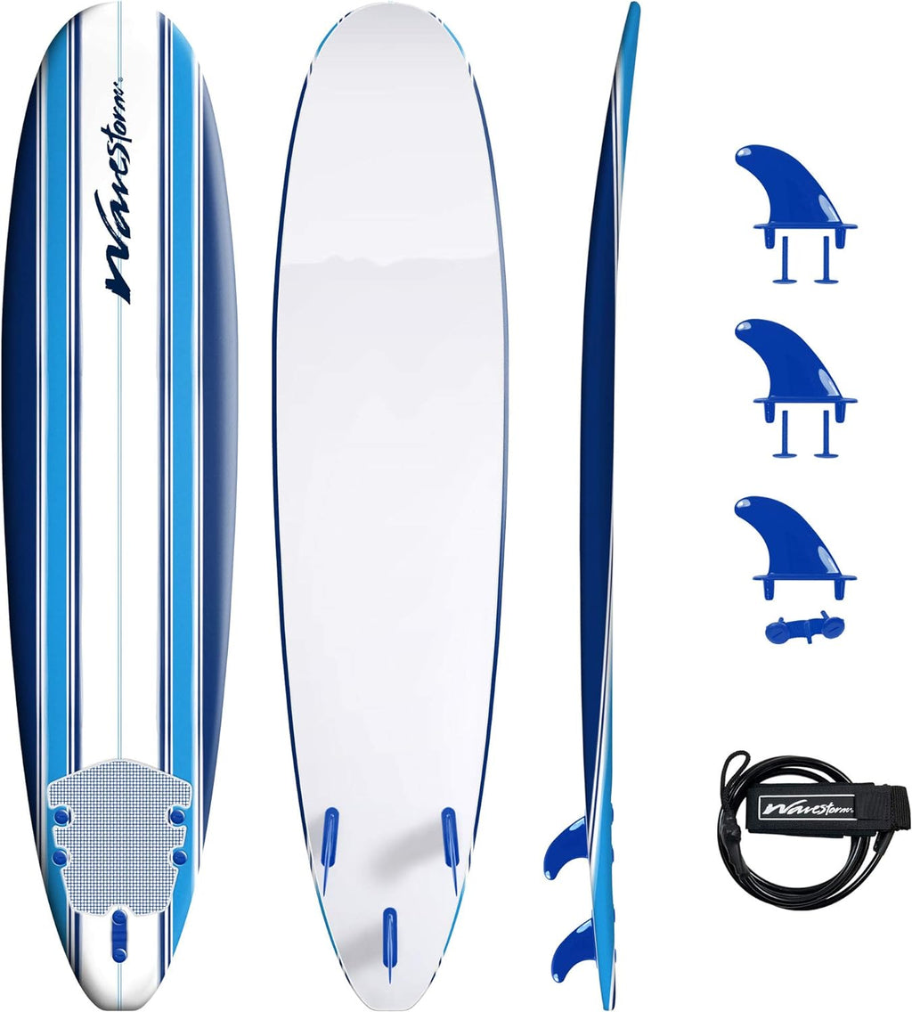 Wavestorm 8ft Classic Foam Surfboard - Wax Free Soft Top Longboard with EPS Core & 3 Stringer System for All Levels