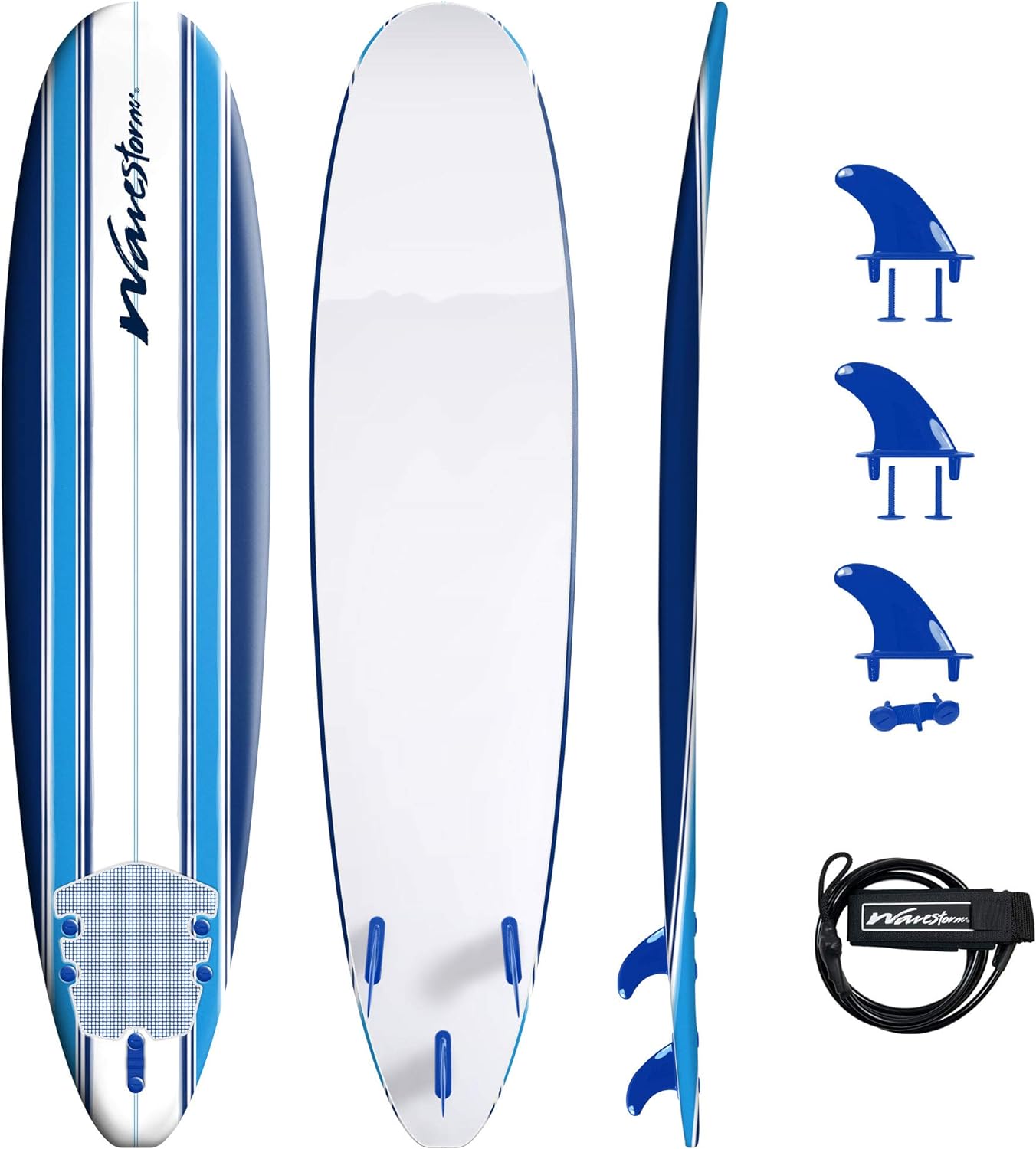 Wavestorm 8ft Classic Foam Surfboard - Wax Free Soft Top Longboard with EPS Core & 3 Stringer System for All Levels