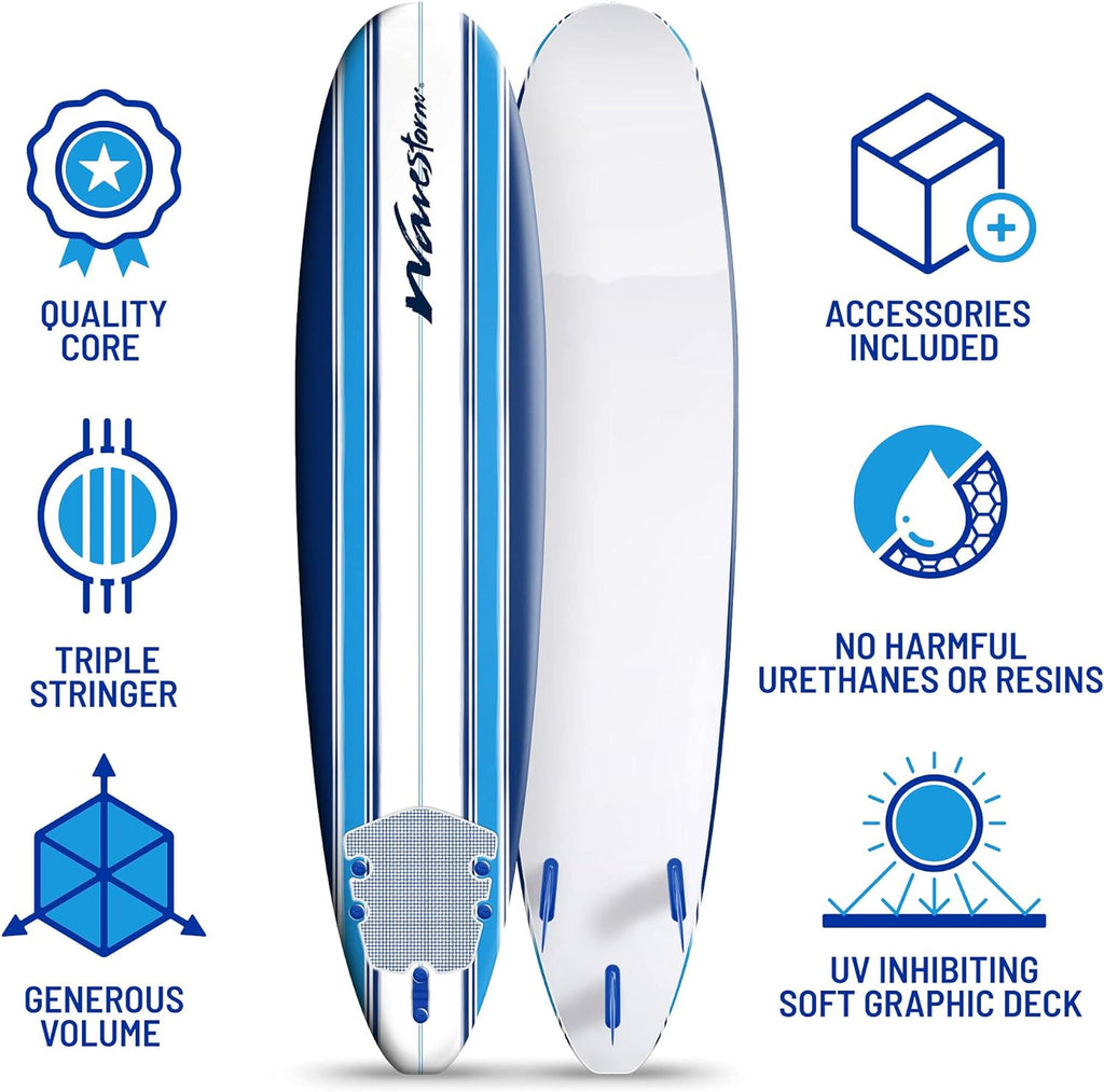 Wavestorm 8ft Classic Foam Surfboard - Wax Free Soft Top Longboard with EPS Core & 3 Stringer System for All Levels