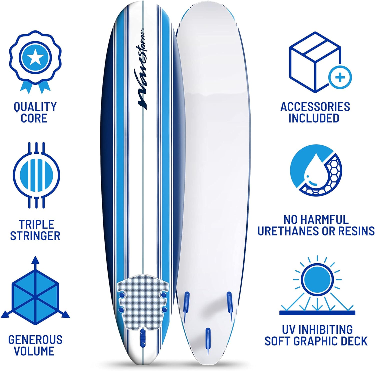 Wavestorm 8ft Classic Foam Surfboard - Wax Free Soft Top Longboard with EPS Core & 3 Stringer System for All Levels