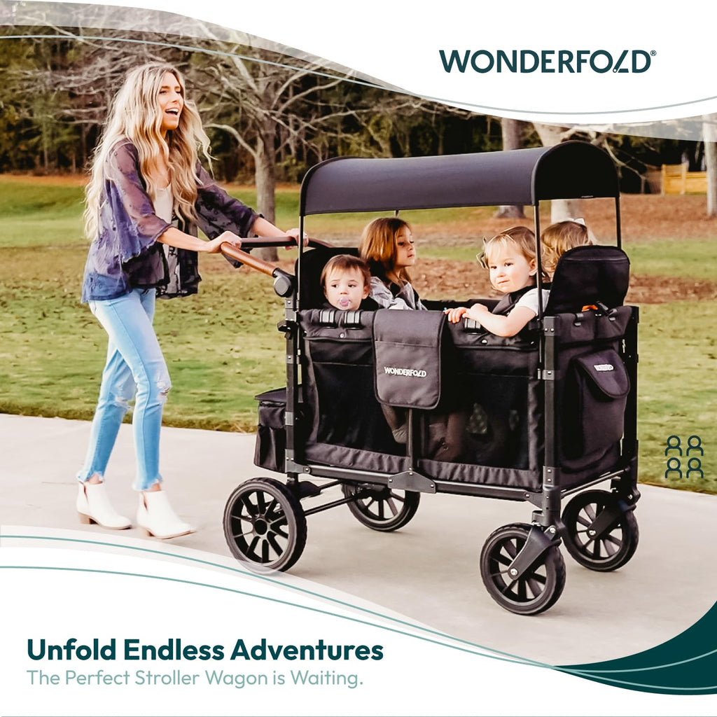 WonderFold W4 Luxe Quad Stroller Wagon - 4-Seater, Collapsible, Adjustable Canopy, Magnetic Buckle Harness, Black