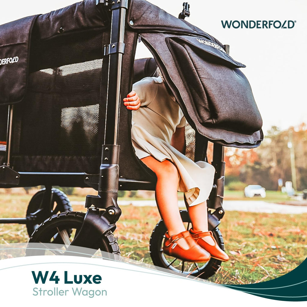 WonderFold W4 Luxe Quad Stroller Wagon - 4-Seater, Collapsible, Adjustable Canopy, Magnetic Buckle Harness, Black