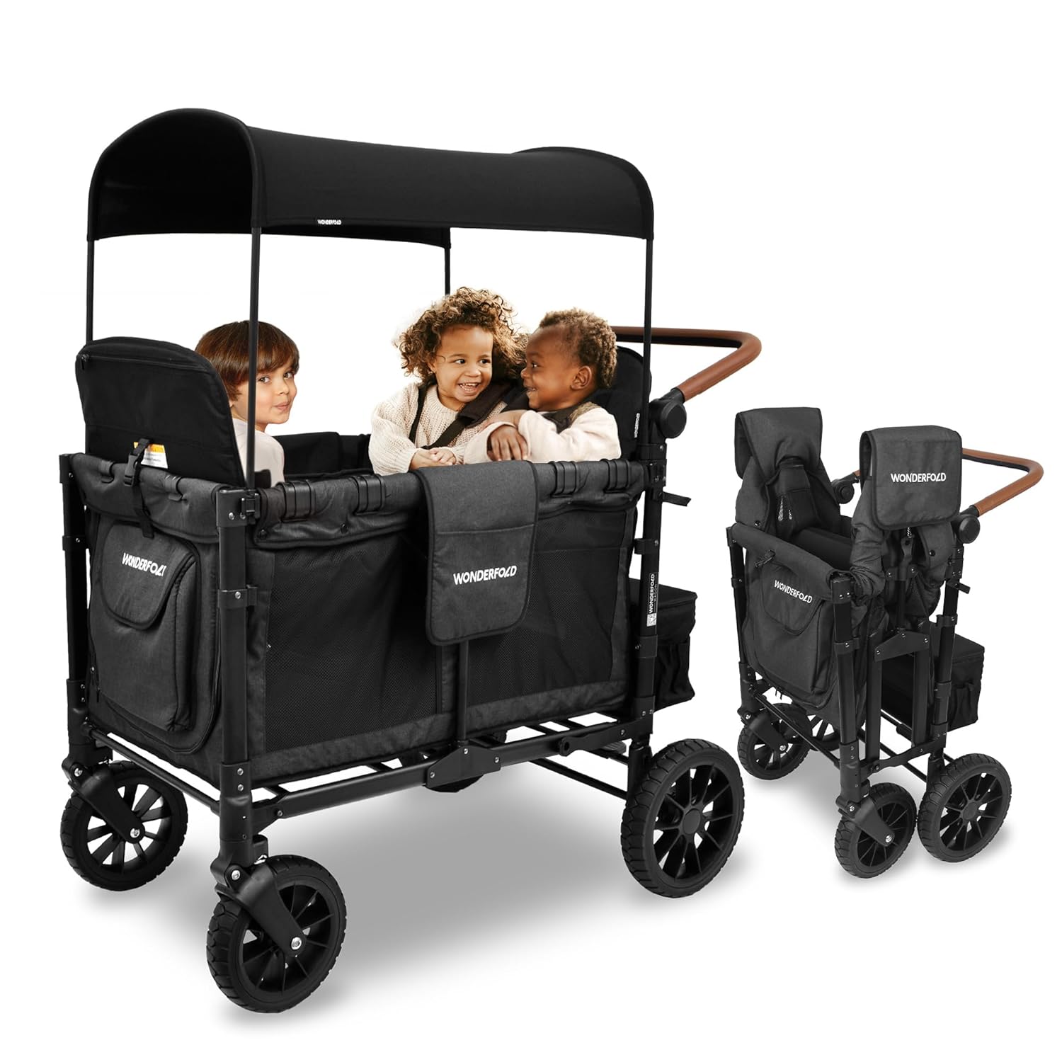 WonderFold W4 Luxe Quad Stroller Wagon - 4-Seater, Collapsible, Adjustable Canopy, Magnetic Buckle Harness, Black
