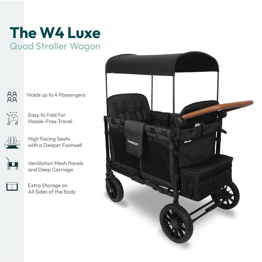 WonderFold W4 Luxe Quad Stroller Wagon - 4-Seater, Collapsible, Adjustable Canopy, Magnetic Buckle Harness, Black
